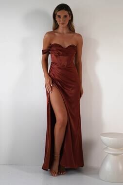 NWT Oh Hello Nicolette Soft Satin Strapless  Maxi Gown Rust Brown Women's Size M